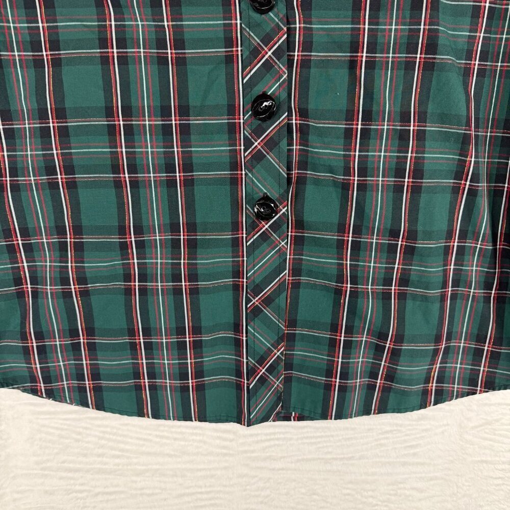 Foxcroft plaid shirt women's size 16 green decorative buttons 3/4 sleeves - Picture 5 of 12